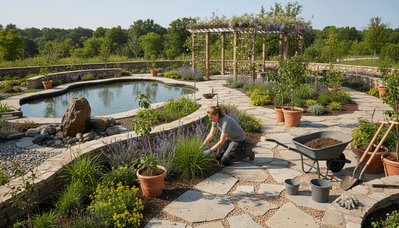 Professional landscaper installing plants and landscape features in a residential garden