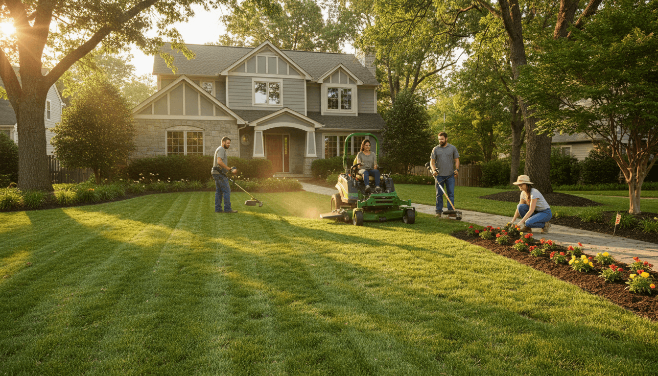 Lawn maintenance and mowing service in progress