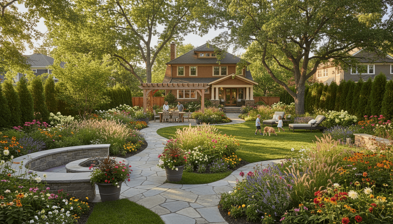 Completed residential landscape design with plantings and garden beds