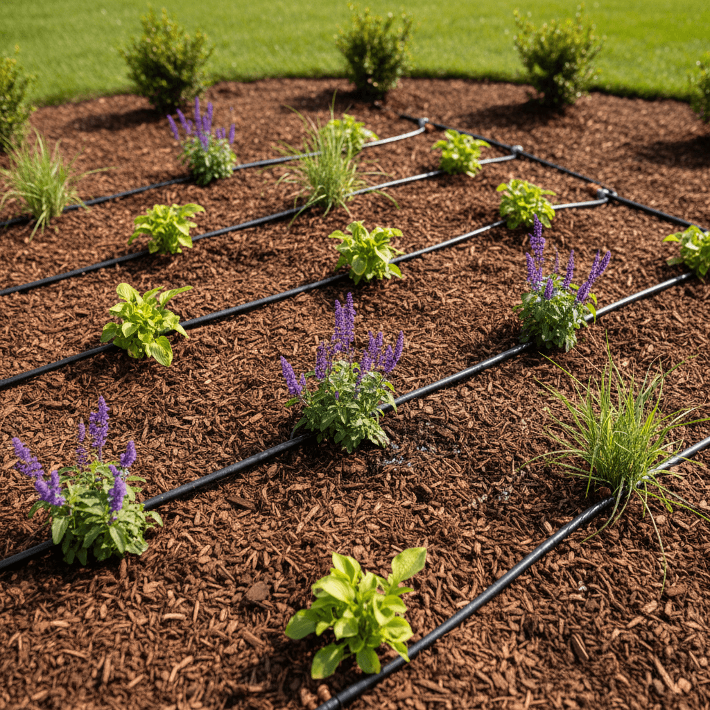 Irrigation system installation with visible tubing and components