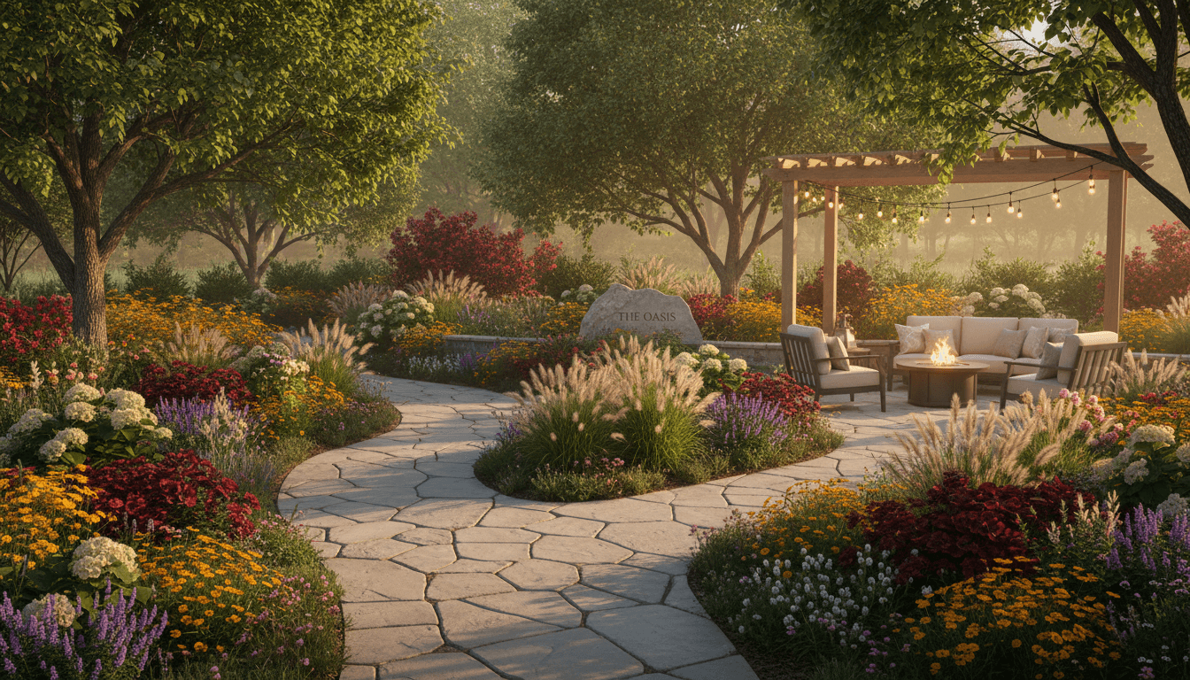 Beautiful landscaped garden with green lawn, flowering plants, and stone pathway